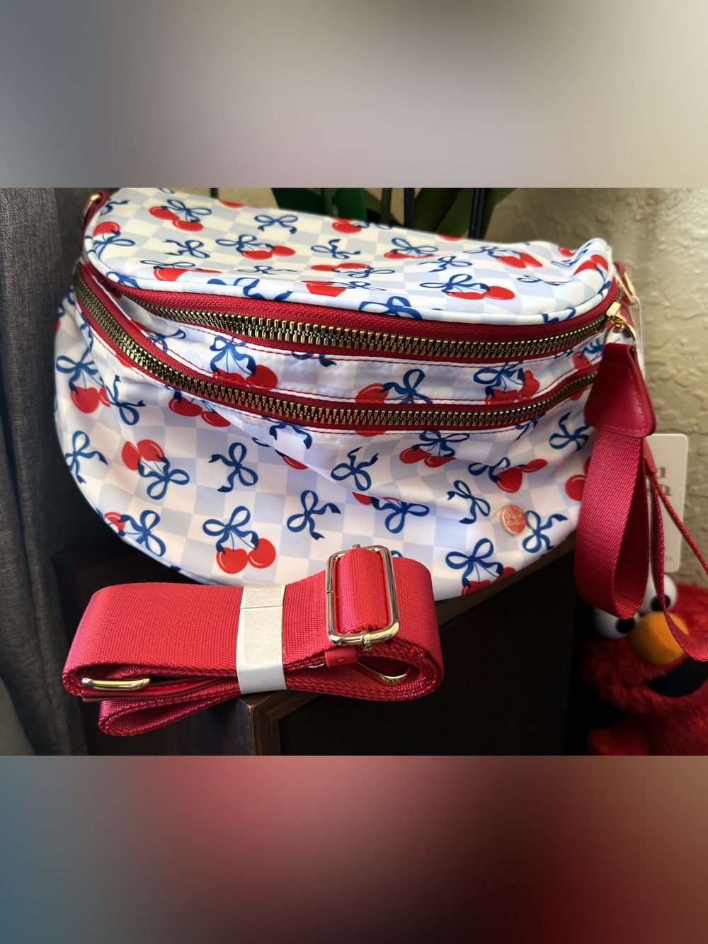 White Cherry-Print Crossbody Belt Bag with Red Strap